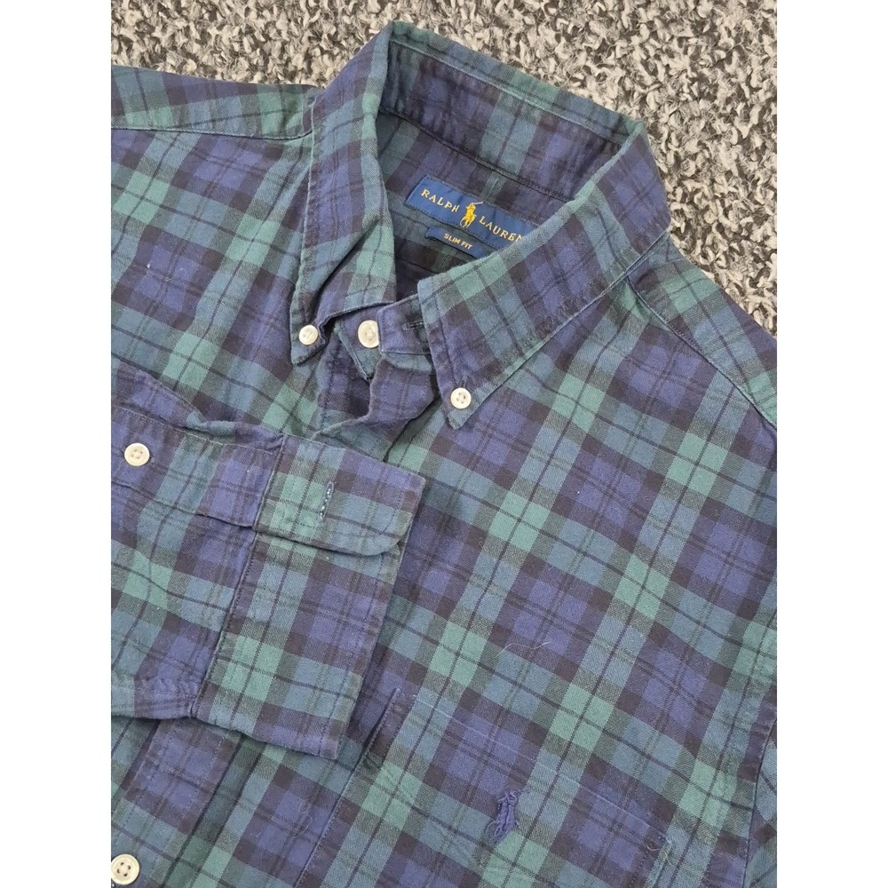 Polo Ralph Lauren Slim Fit Long Sleeve Button Down Large Blue Green Plaid